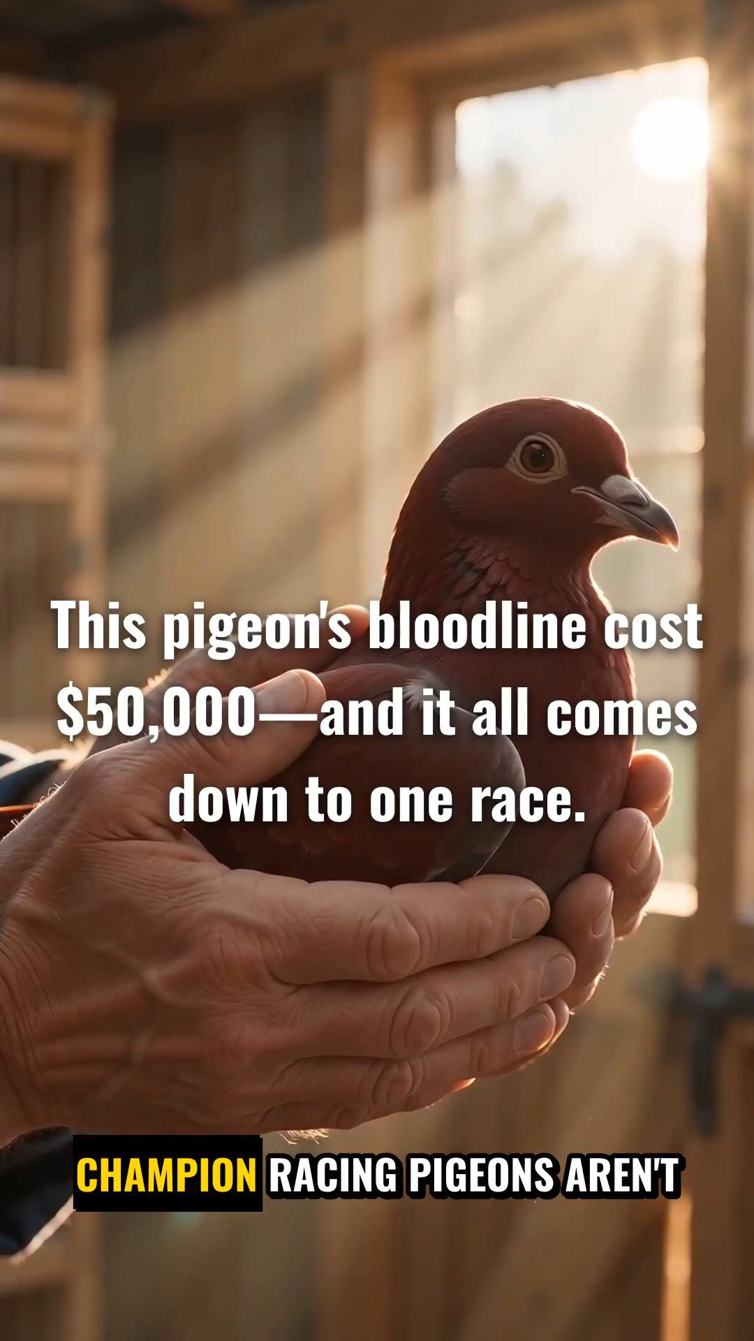Create a different premium short-form story about racing pigeons in every episode, covering loft life, breeding, genetics, family, young birds, training, racing, performance, care and the bond between a racing pigeon and its loft. Keep every episode visually realistic, educational and engaging, with no repeated story.