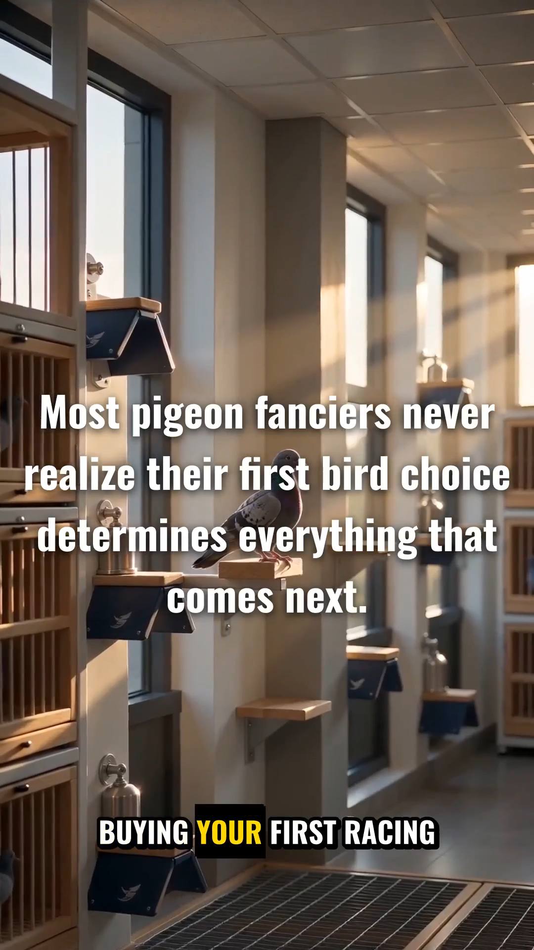 Create a 30-episode premium educational series about racing pigeons. Every episode must cover a different topic with no repeated stories, following a logical journey from acquiring a new pigeon to building a successful loft and developing your own bloodline.

Cover: buying and selecting a pigeon, safe transport, quarantine and medical isolation, health observation, introducing a new bird, choosing a loft location, loft design and construction, ventilation and airflow, natural light, cleanliness and hygiene, feeding and fresh water, grit and minerals, pigeon condition, breeding, pairing, nesting, raising young birds, selecting breeders, bloodlines and genetics, building your own bloodline, linebreeding and crossing, pedigree records, young bird development, training, conditioning, race preparation, racing, performance evaluation, selecting future breeders, and long-term bloodline development.

Each episode must be visually realistic, educational, engaging and different from the previous episode. Show authentic racing-pigeon behavior, realistic modern loft environments, cinematic camera work and professional documentary-style visuals.

Maintain a consistent premium SOCEAN LOFT visual identity: dark navy, restrained sky-blue and silver, clean modern architecture and sophisticated racing-pigeon atmosphere.

Each episode should have a strong opening, one clear educational idea, engaging visuals and a concise ending. Keep information practical and credible. Do not invent medical claims or treatments. No unnecessary people, no cartoon style, no repetitive scenes, no watermark.