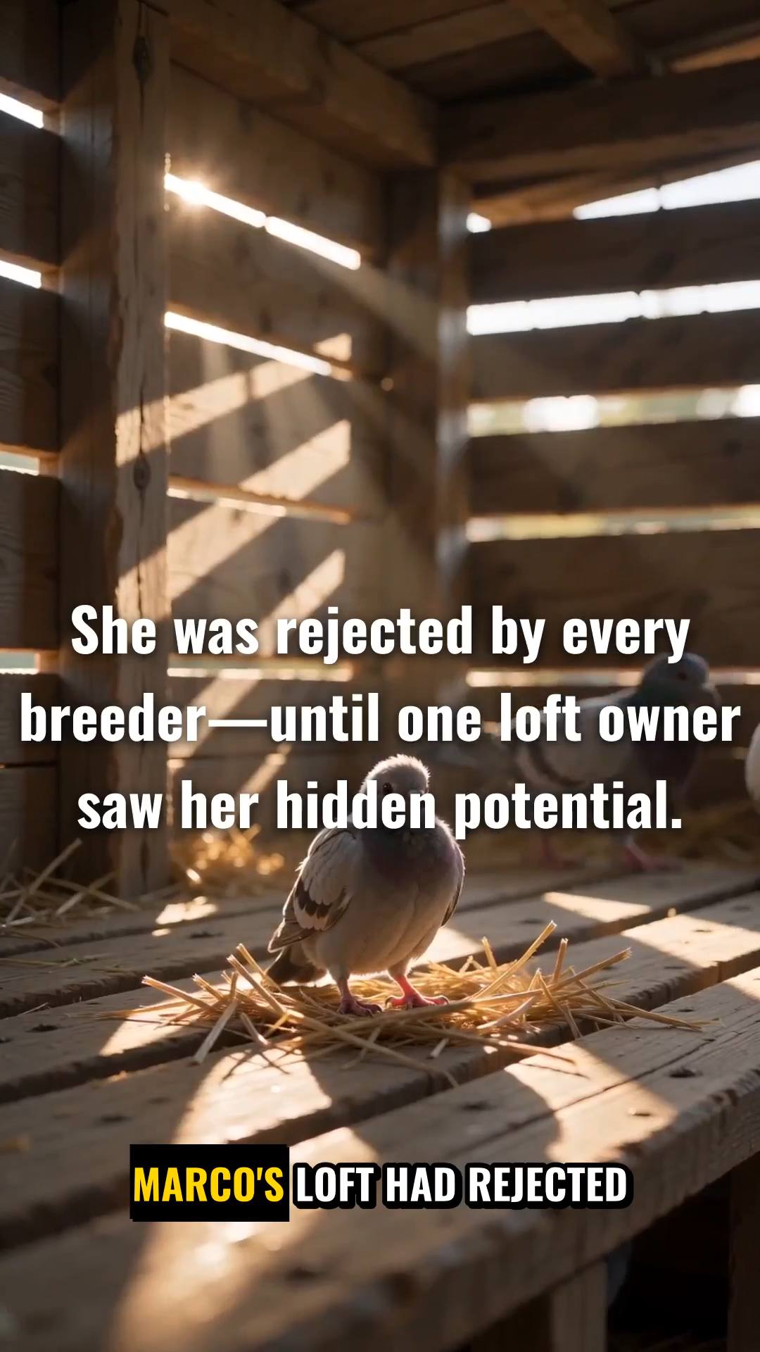 Create a different premium short-form story about racing pigeons in every episode, covering loft life, breeding, genetics, family, young birds, training, racing, performance, care and the bond between a racing pigeon and its loft. Keep every episode visually realistic, educational and engaging, with no repeated story.