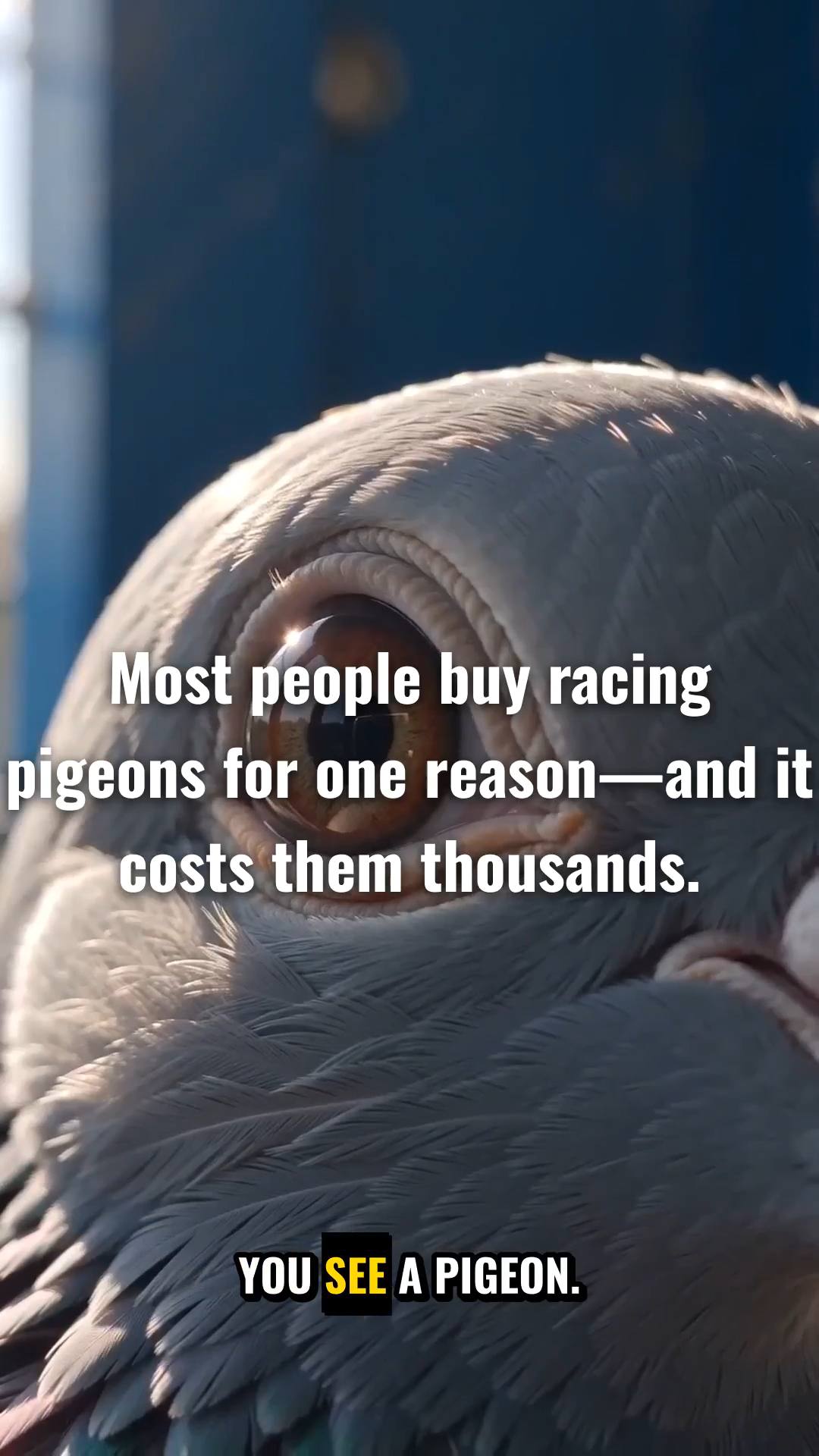 Create a premium educational short-form video for SOCEAN LOFT titled:

“Thinking About Buying a Racing Pigeon? Know This Before You Buy.”

Start with a strong hook: a realistic racing pigeon standing calmly inside a premium modern loft, with cinematic close-up shots of its eyes, feathers, legs and body.

Explain that buying a racing pigeon should not be based only on appearance. Before buying, the viewer should understand these key points:

1. Know the pigeon’s age and identity.
2. Check its pedigree and bloodline when available.
3. Ask about its racing and performance history.
4. Observe its overall condition and behavior.
5. Ask about vaccination and health history.
6. Understand where the pigeon came from and how it was transported.
7. Make sure the seller provides accurate information.
8. Consider whether the pigeon fits your breeding or racing goals.

Show each point through realistic cinematic scenes inside a clean professional racing-pigeon loft.

End with a strong message:
“Don’t buy a pigeon just because it looks good. Know what you are buying.”

Final screen:
SOCEAN LOFT
RACING PIGEONS

Visual style: ultra-realistic racing pigeons, premium documentary photography, cinematic camera movement, dark navy environment, restrained sky-blue and silver accents, clean modern loft, natural lighting, realistic pigeon behavior, professional educational atmosphere.

No cartoon style, no exaggerated effects, no fake medical claims, no unnecessary people, no watermark.
