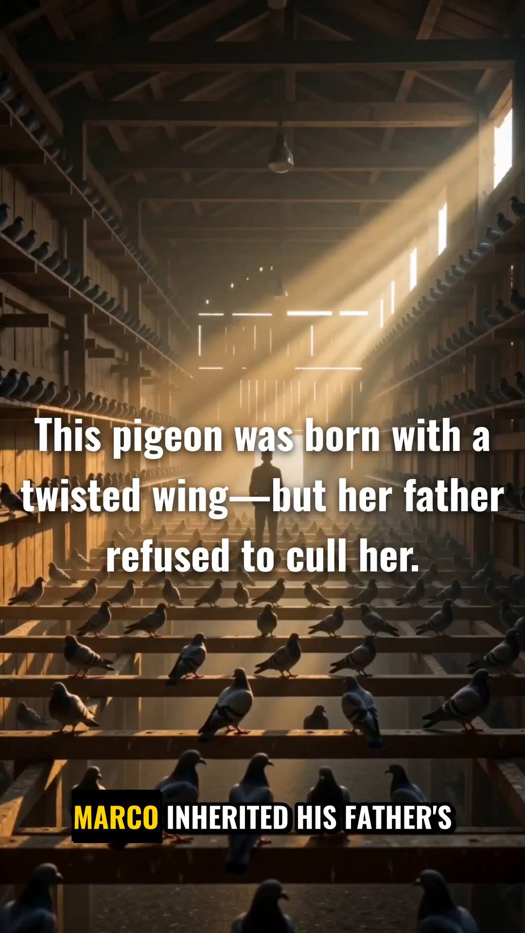 Create a different premium short-form story about racing pigeons in every episode, covering loft life, breeding, genetics, family, young birds, training, racing, performance, care and the bond between a racing pigeon and its loft. Keep every episode visually realistic, educational and engaging, with no repeated story.