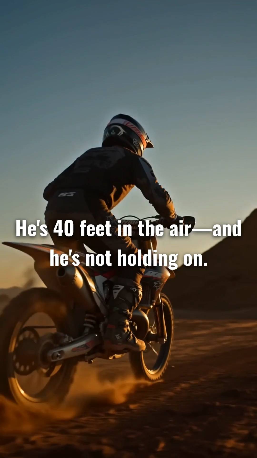 Create a photorealistic cinematic motocross video of a professional freestyle motocross rider performing a spectacular high jump over a dirt ramp. While airborne, the rider performs Sophie Cunningham’s iconic pointing gesture: extending one arm and pointing firmly with one finger, with a confident, serious expression, while maintaining control of the motorcycle with the other hand. The gesture is exaggerated, instantly recognizable, and slightly comedic. Capture the rider in midair with the motorcycle tilted naturally, realistic body movement, spinning wheels, flying dust, dramatic low-angle tracking camera, smooth slow motion, crisp daylight, detailed motocross gear, realistic physics, and a professional sports-film look. Finish with a controlled landing on the dirt track. Vertical 9:16,  no text, no logos, no watermark, no music unless needed for dramatic impact.